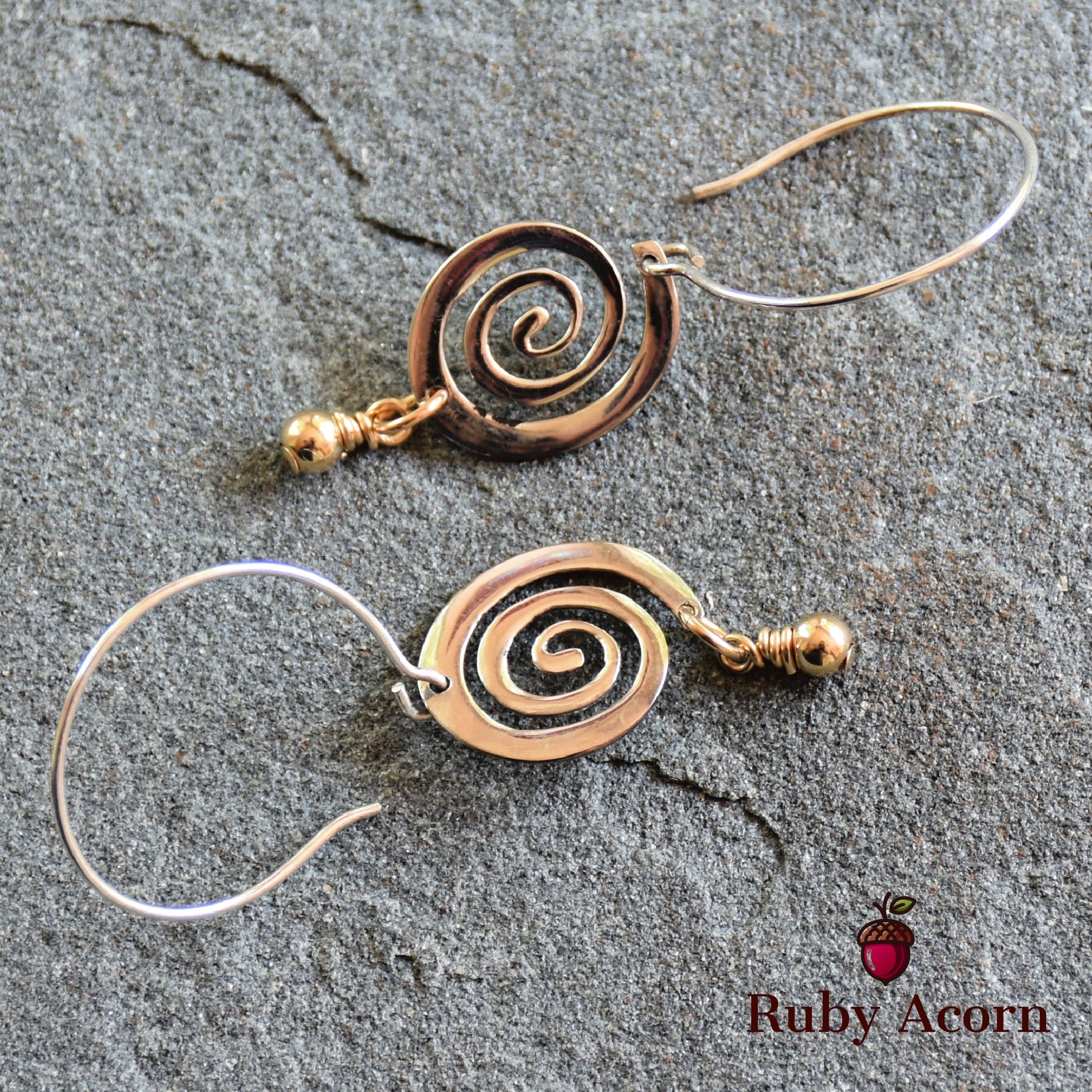 Silver and Gold Handmade Asymmetrical Dangle Earrings, Modern Sterling Silver swirls, Gold filled drops