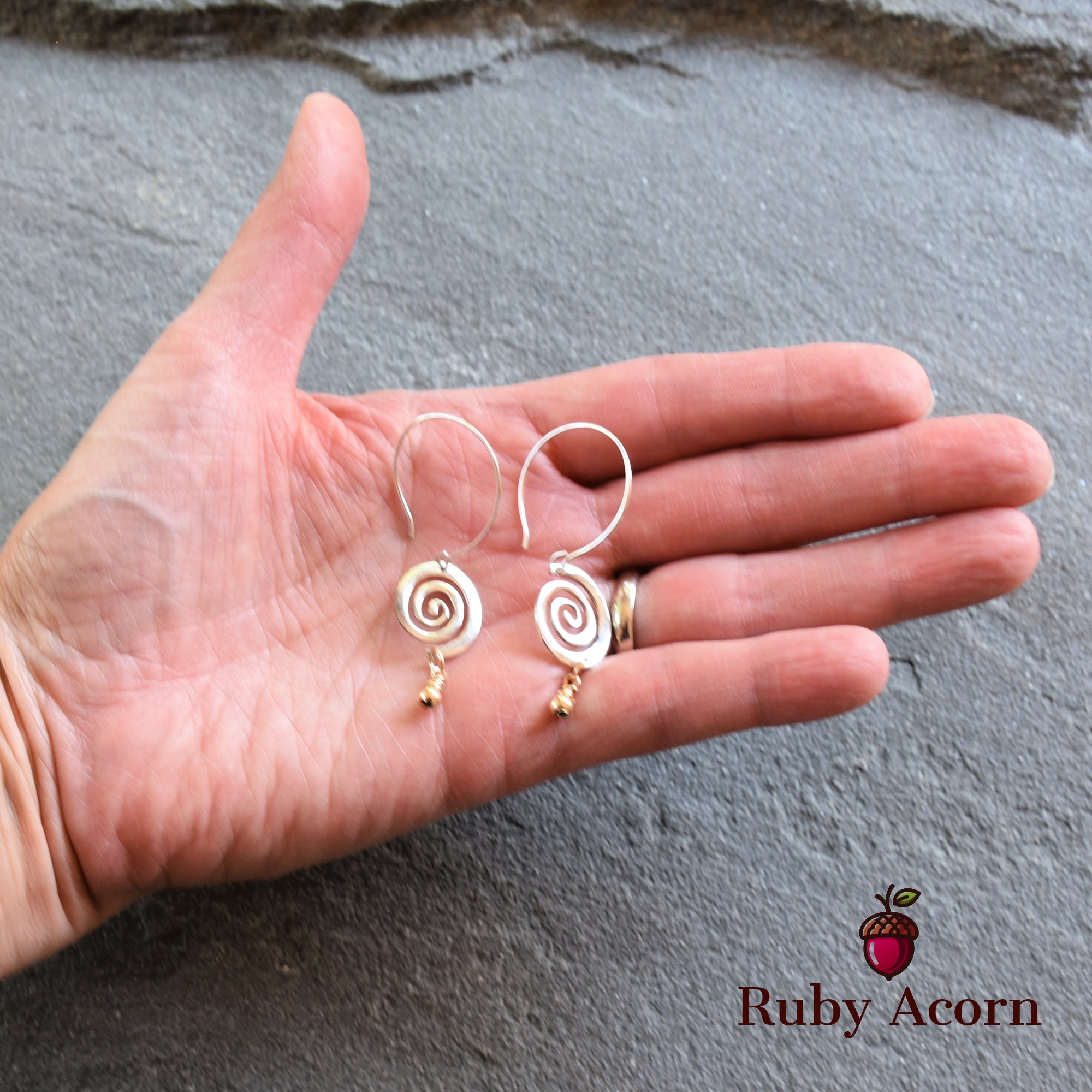 Silver and Gold Handmade Asymmetrical Dangle Earrings, Modern Sterling Silver swirls, Gold filled drops