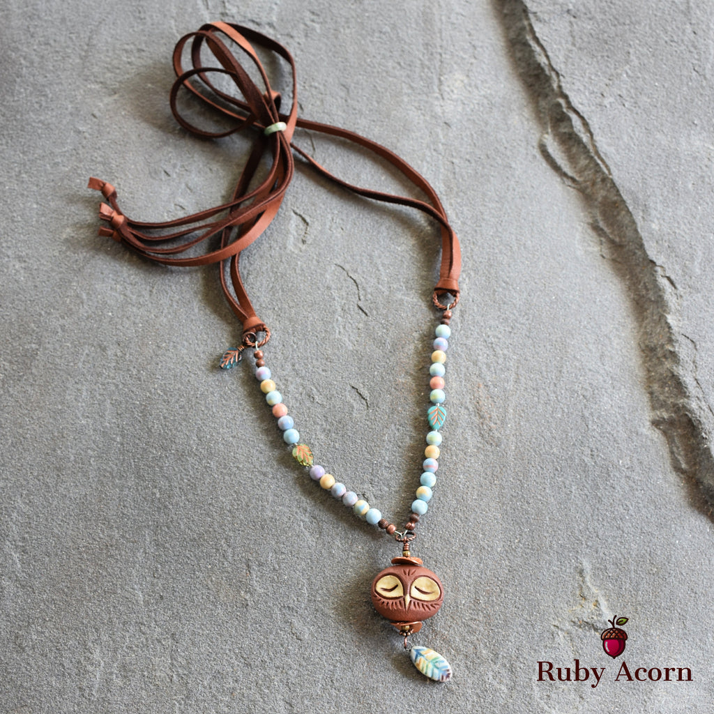 Sleepy Owl Handmade Beaded Necklace with Artisan Ceramic Focal, Watercolor Agate and Leather Lace