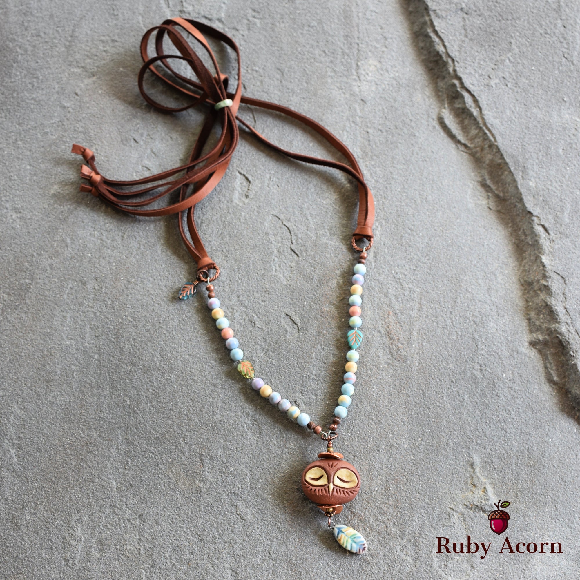 Sleepy Owl Handmade Beaded Necklace with Artisan Ceramic Focal, Watercolor Agate and Leather Lace