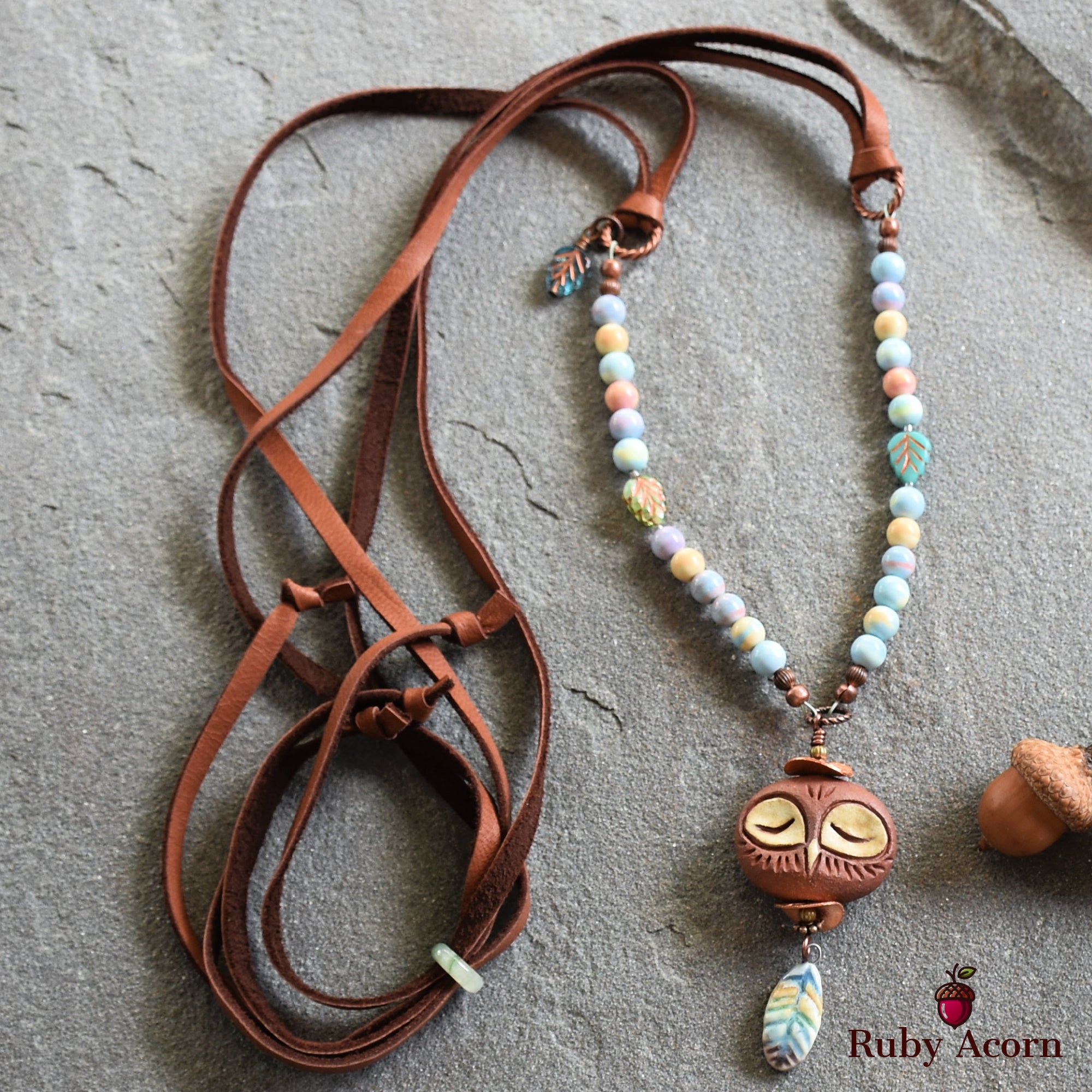 Sleepy Owl Handmade Beaded Necklace with Artisan Ceramic Focal, Watercolor Agate and Leather Lace