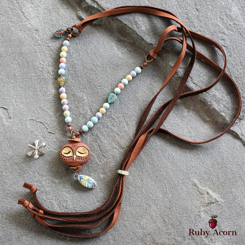 Sleepy Owl Handmade Beaded Necklace with Artisan Ceramic Focal, Watercolor Agate and Leather Lace