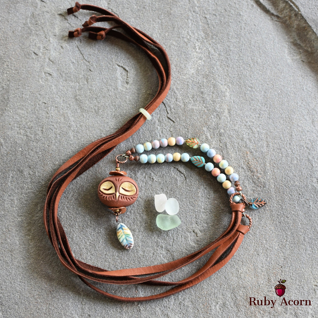 Sleepy Owl Handmade Beaded Necklace with Artisan Ceramic Focal, Watercolor Agate and Leather Lace