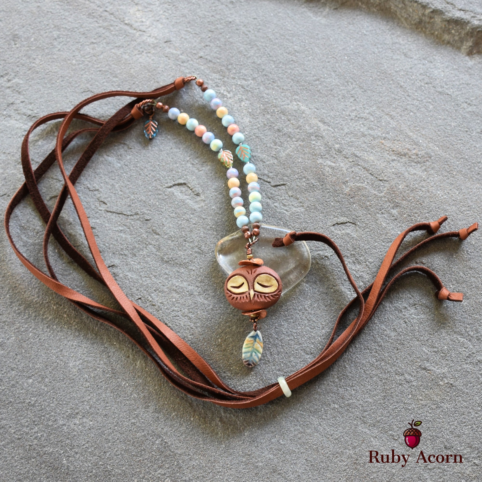 Sleepy Owl Handmade Beaded Necklace with Artisan Ceramic Focal, Watercolor Agate and Leather Lace