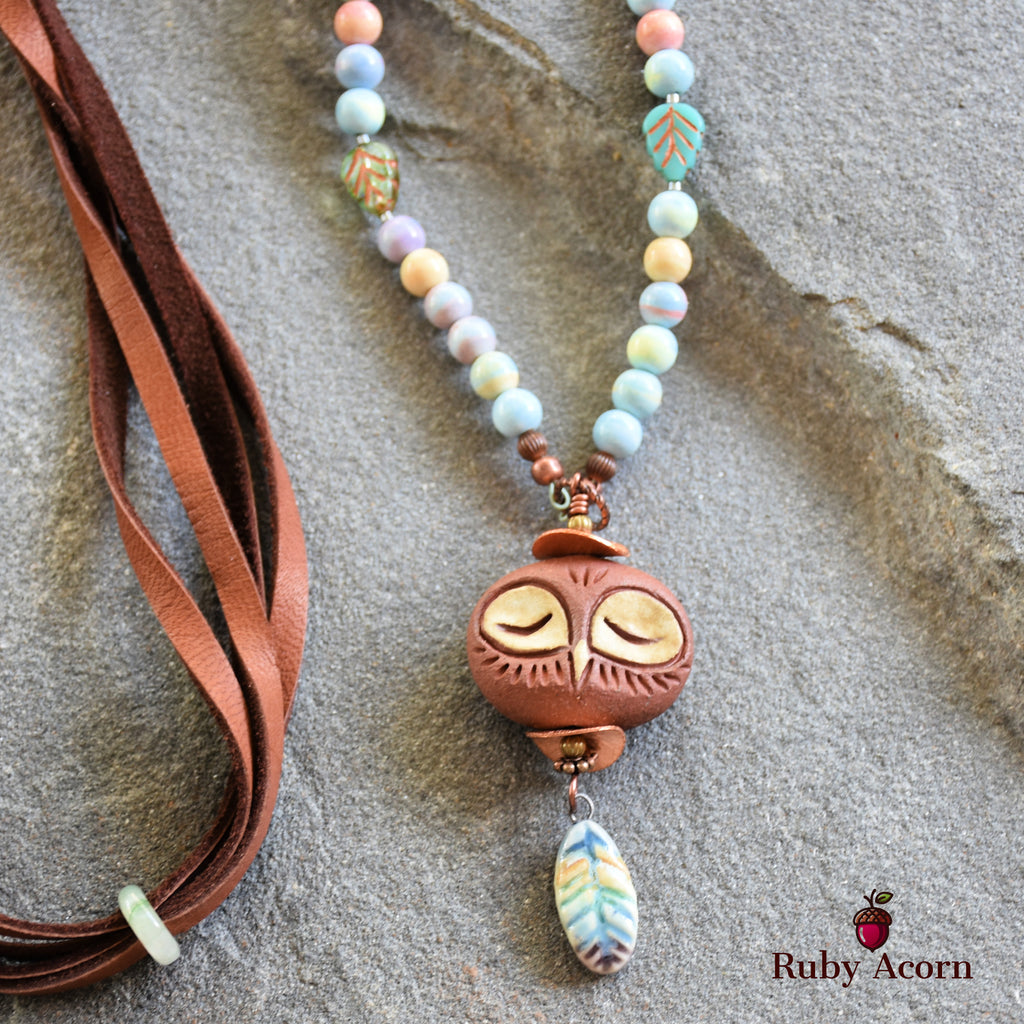 Sleepy Owl Handmade Beaded Necklace with Artisan Ceramic Focal, Watercolor Agate and Leather Lace