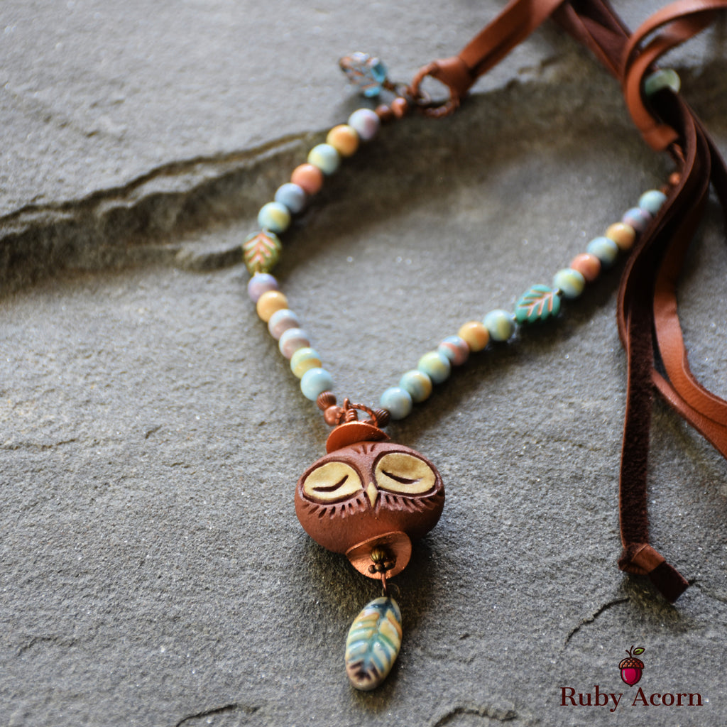 Sleepy Owl Handmade Beaded Necklace with Artisan Ceramic Focal, Watercolor Agate and Leather Lace