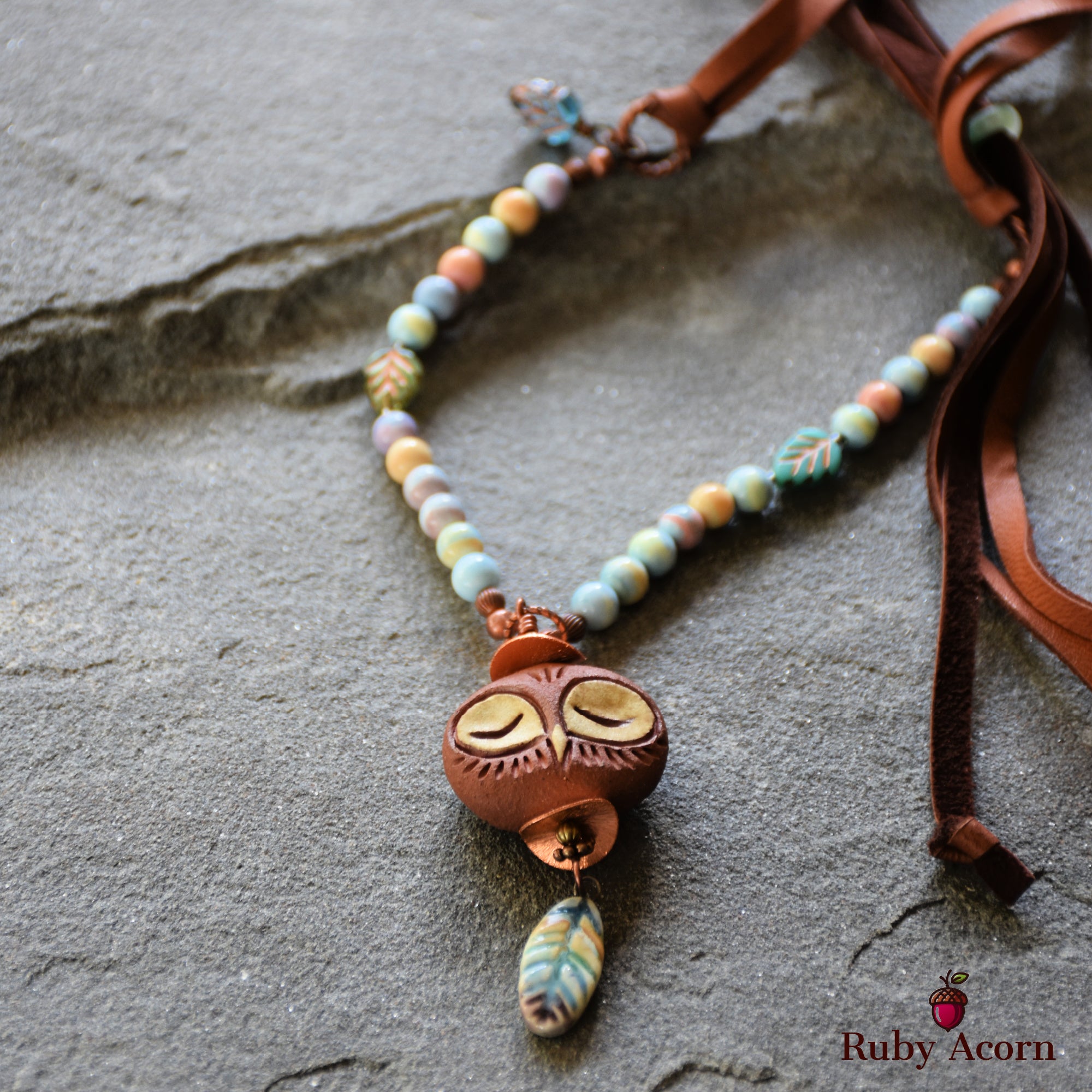 Sleepy Owl Handmade Beaded Necklace with Artisan Ceramic Focal, Watercolor Agate and Leather Lace