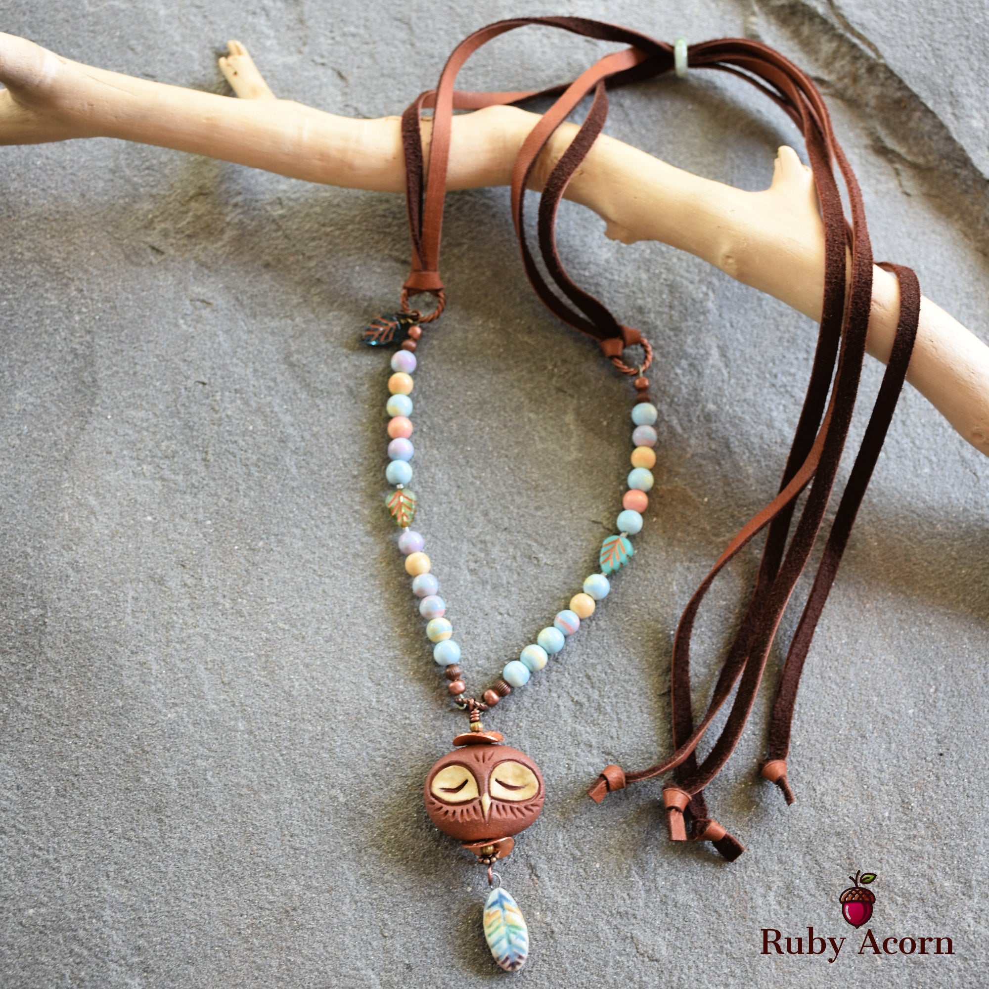 Sleepy Owl Handmade Beaded Necklace with Artisan Ceramic Focal, Watercolor Agate and Leather Lace