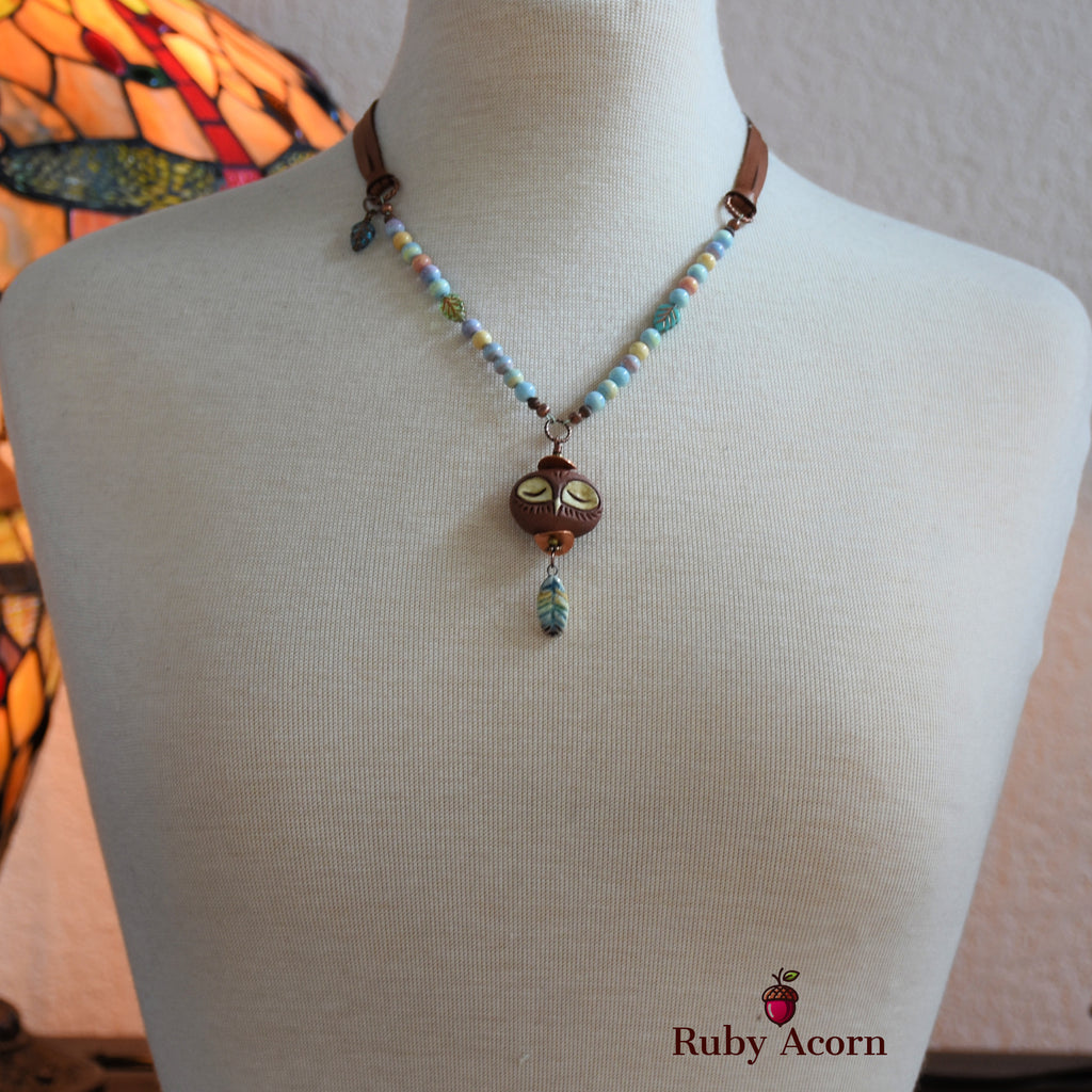 Sleepy Owl Handmade Beaded Necklace with Artisan Ceramic Focal, Watercolor Agate and Leather Lace