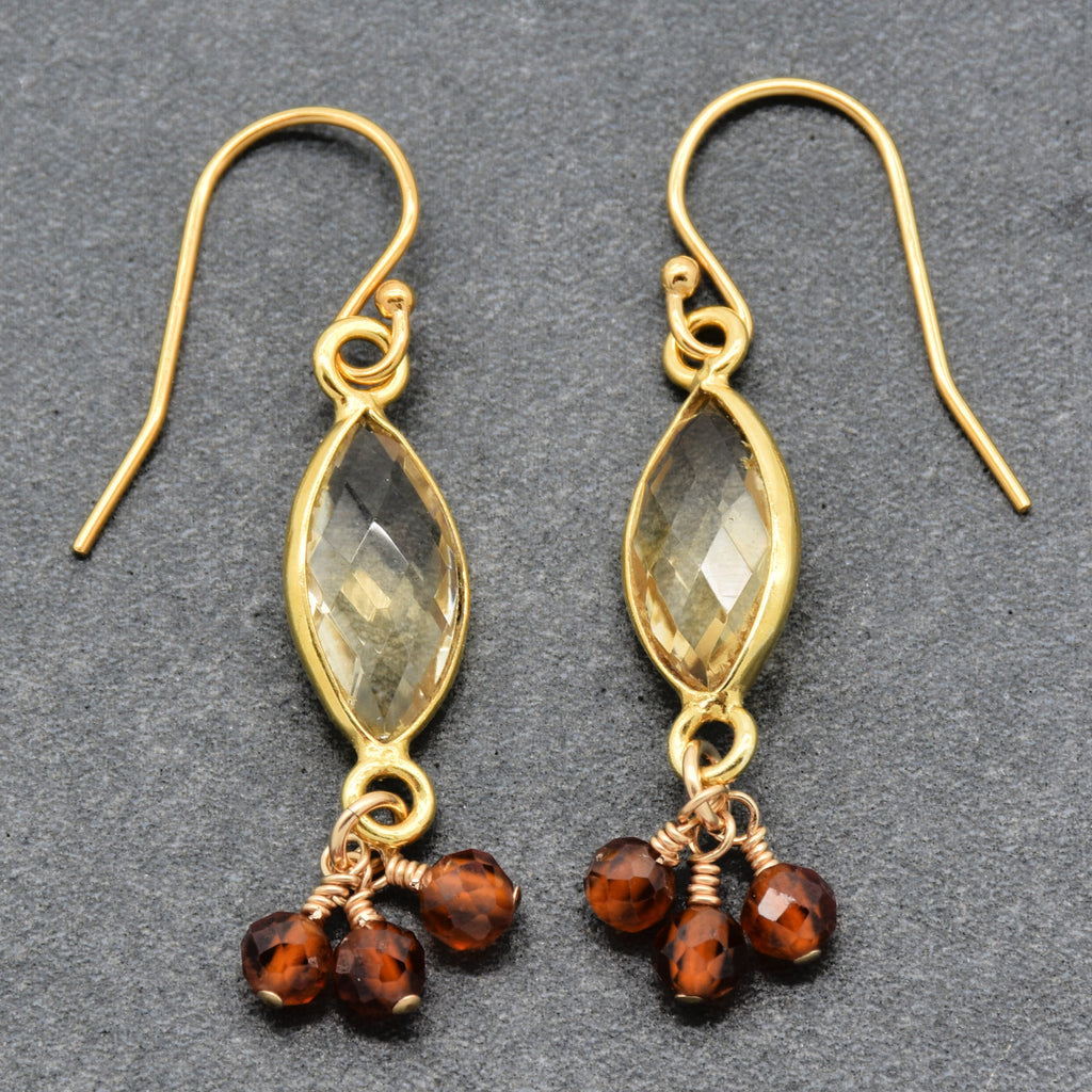 Sol Spice Earrings featuring citrine vermeil wrapped links and natural hessonite garnet rounds, handmade by Ruby Acorn