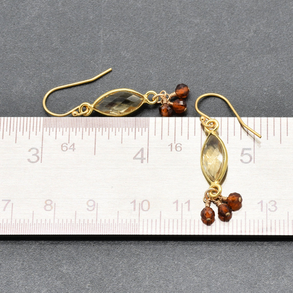 Sol Spice Earrings featuring citrine vermeil wrapped links and natural hessonite garnet rounds, handmade by Ruby Acorn
