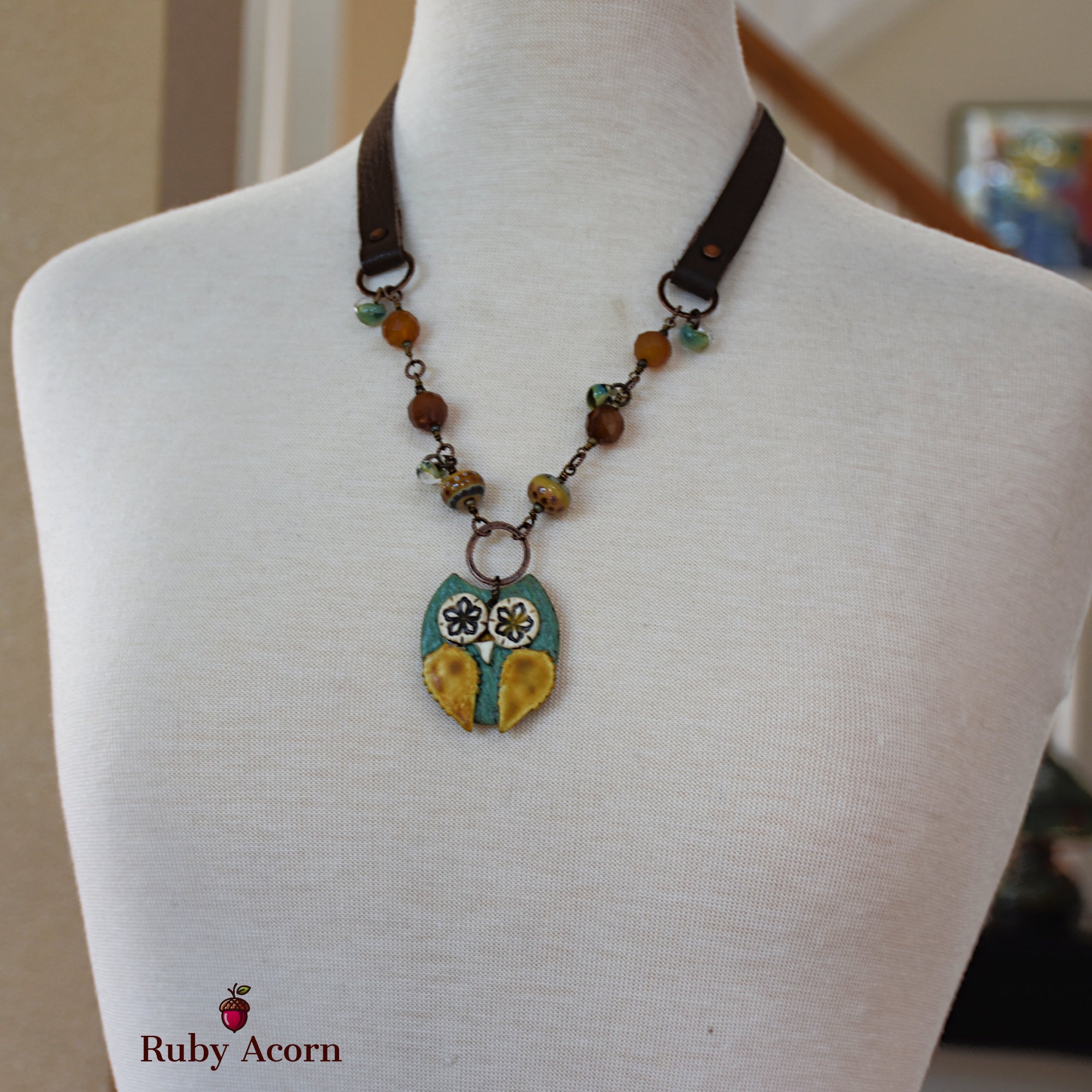 Starry Eyed Owl Handmade Beaded Necklace with Artisan Ceramic Sage Green Owl Focal, Artisan Lampwork Glass, Golden Honey Quartz