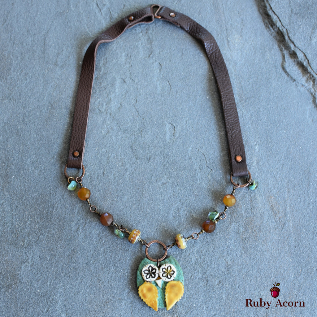Starry Eyed Owl Handmade Beaded Necklace with Artisan Ceramic Sage Green Owl Focal, Artisan Lampwork Glass, Golden Honey Quartz
