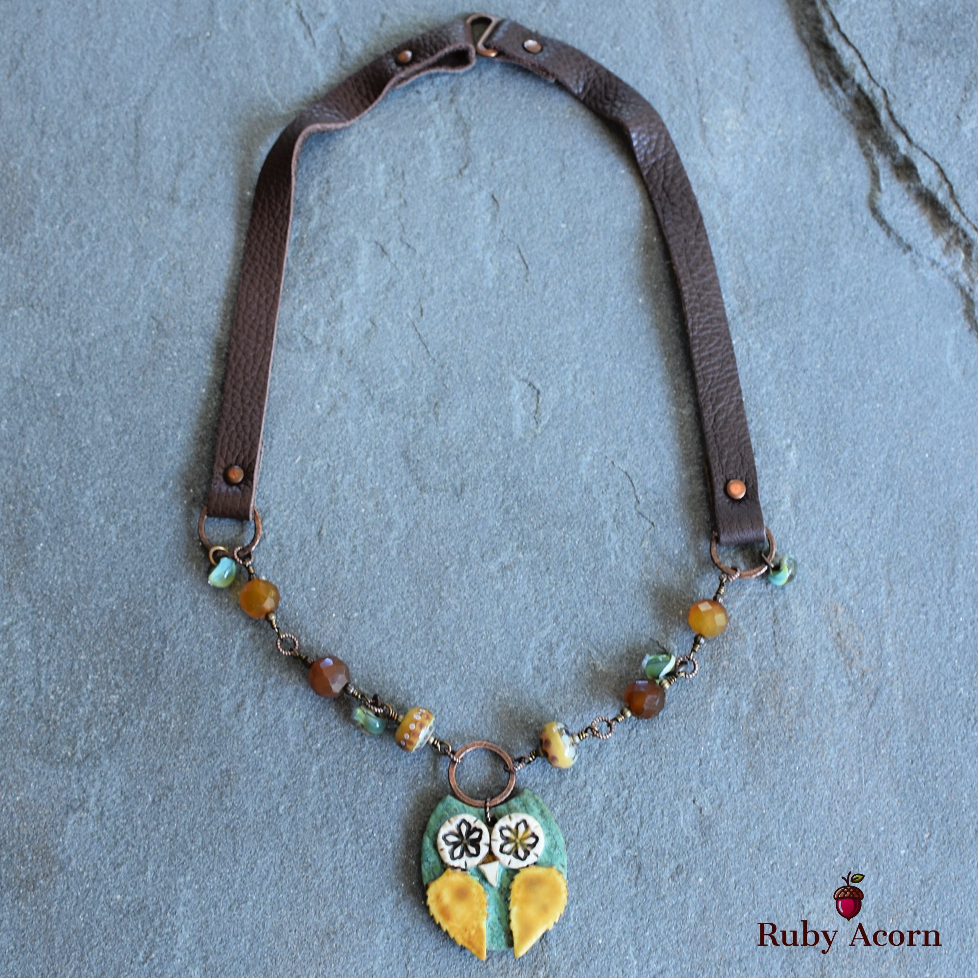 Starry Eyed Owl Handmade Beaded Necklace with Artisan Ceramic Sage Green Owl Focal, Artisan Lampwork Glass, Golden Honey Quartz