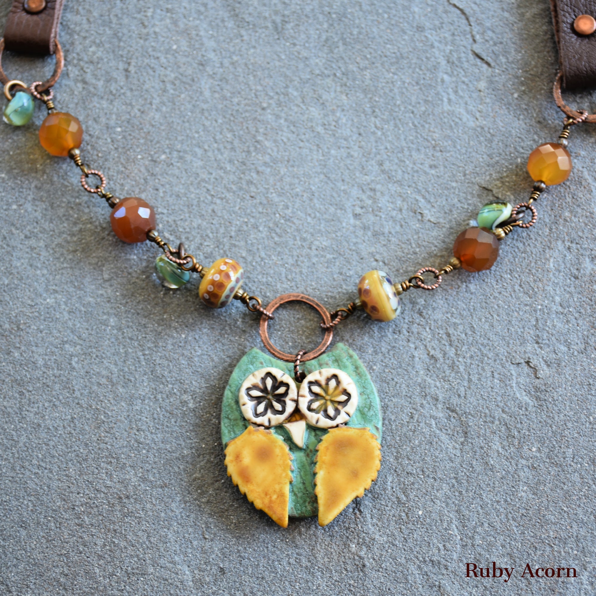 Starry Eyed Owl Handmade Beaded Necklace with Artisan Ceramic Sage Green Owl Focal, Artisan Lampwork Glass, Golden Honey Quartz
