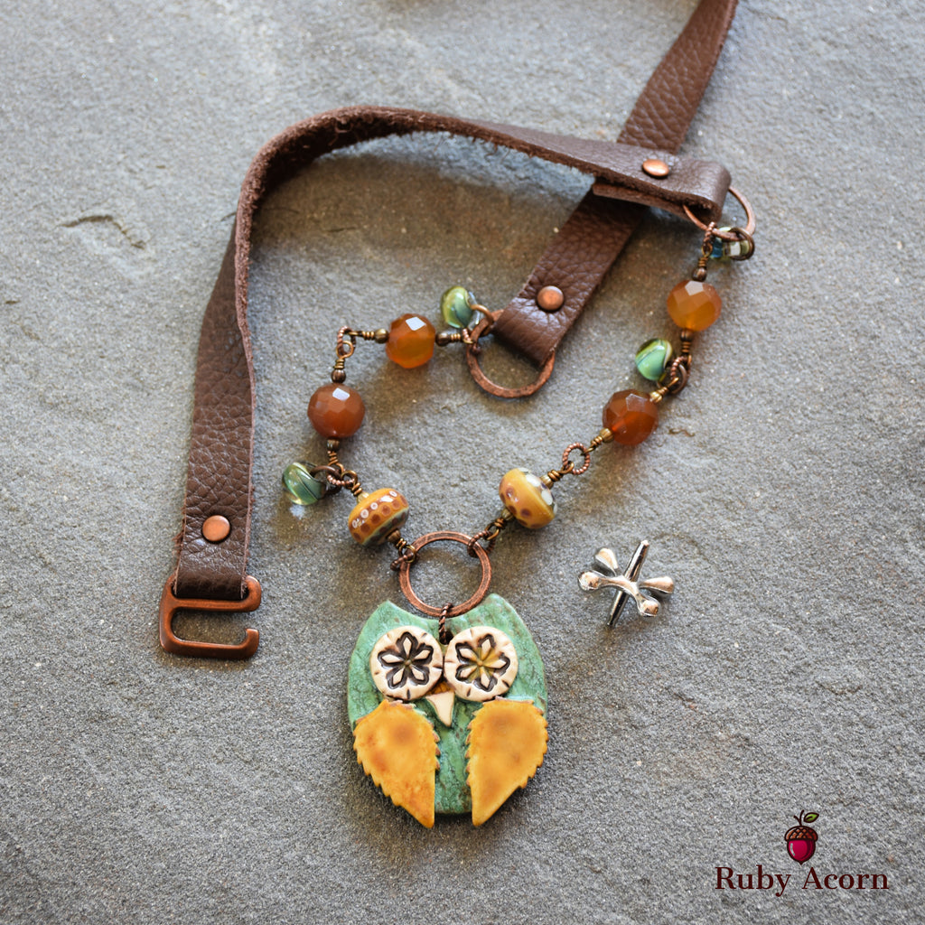 Starry Eyed Owl Handmade Beaded Necklace with Artisan Ceramic Sage Green Owl Focal, Artisan Lampwork Glass, Golden Honey Quartz