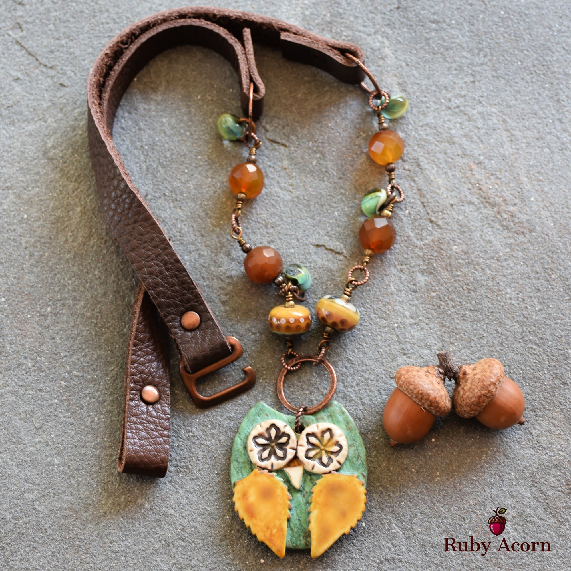 Starry Eyed Owl Handmade Beaded Necklace with Artisan Ceramic Sage Green Owl Focal, Artisan Lampwork Glass, Golden Honey Quartz