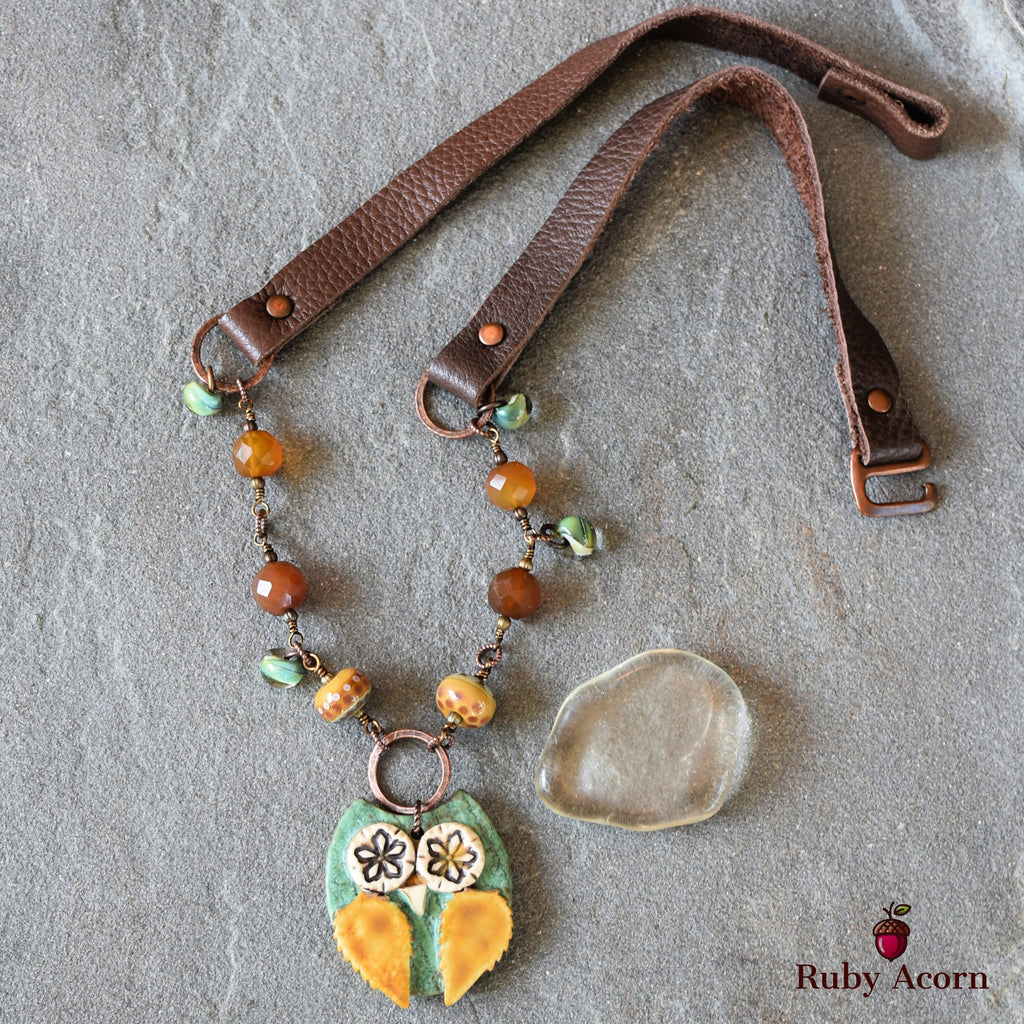 Starry Eyed Owl Handmade Beaded Necklace with Artisan Ceramic Sage Green Owl Focal, Artisan Lampwork Glass, Golden Honey Quartz