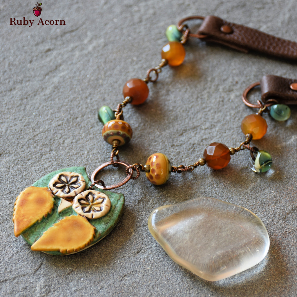 Starry Eyed Owl Handmade Beaded Necklace with Artisan Ceramic Sage Green Owl Focal, Artisan Lampwork Glass, Golden Honey Quartz