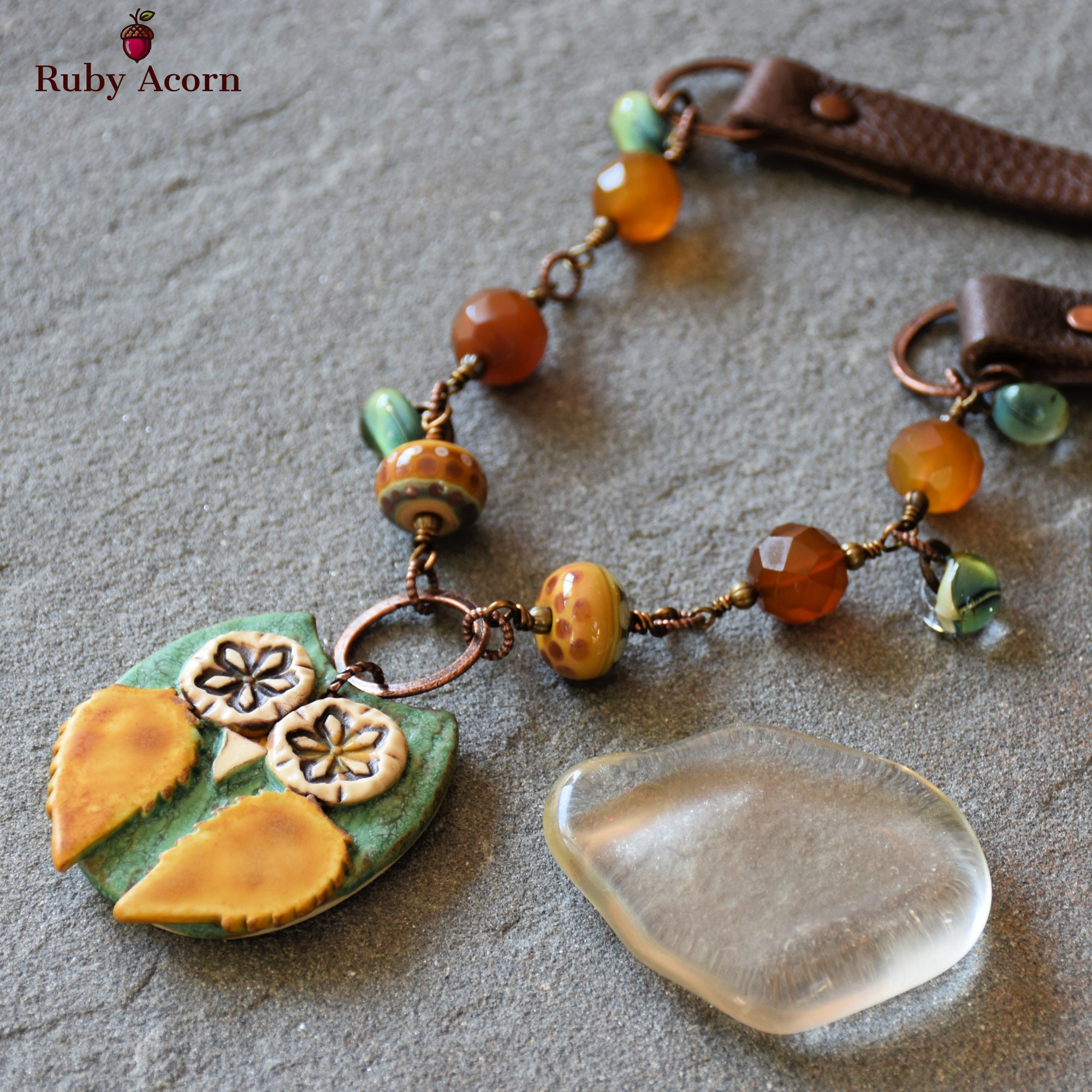 Starry Eyed Owl Handmade Beaded Necklace with Artisan Ceramic Sage Green Owl Focal, Artisan Lampwork Glass, Golden Honey Quartz