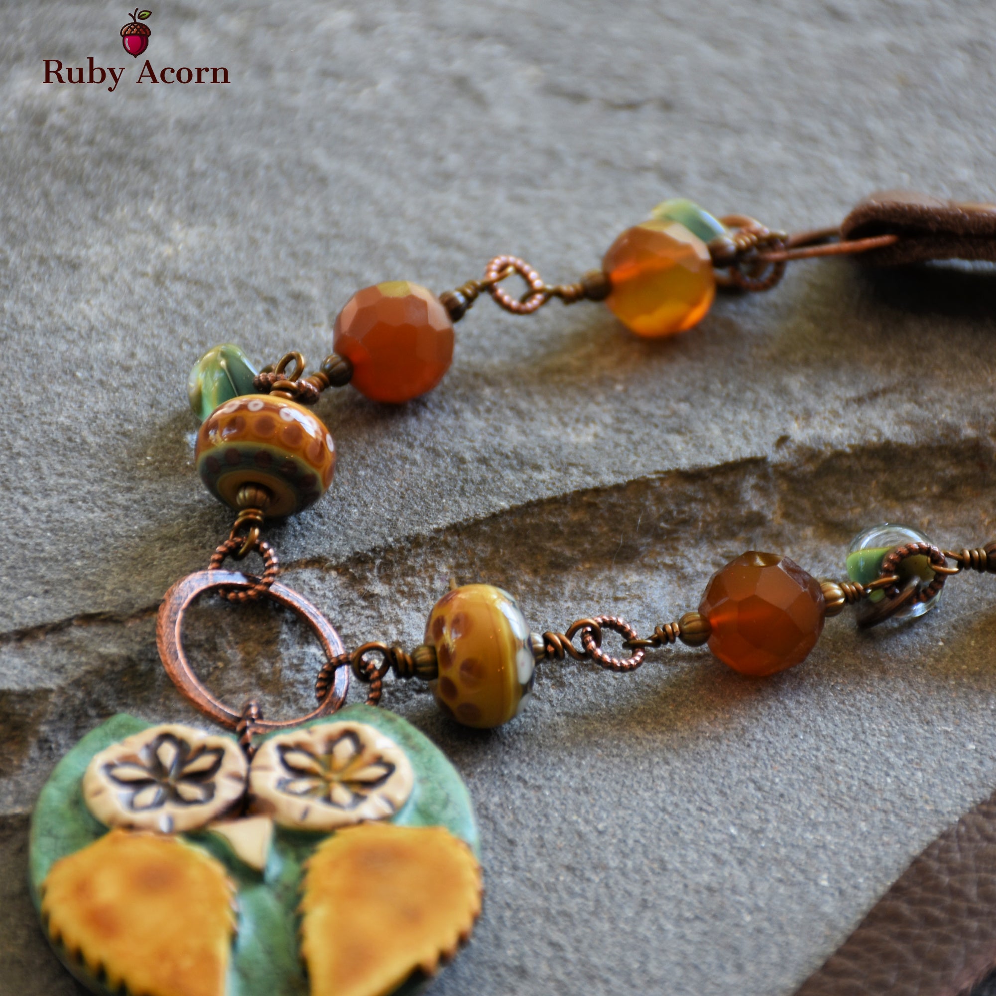 Starry Eyed Owl Handmade Beaded Necklace with Artisan Ceramic Sage Green Owl Focal, Artisan Lampwork Glass, Golden Honey Quartz