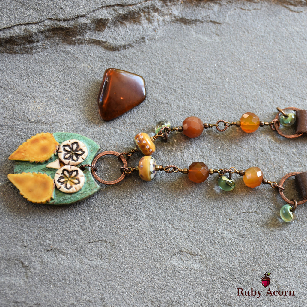 Starry Eyed Owl Handmade Beaded Necklace with Artisan Ceramic Sage Green Owl Focal, Artisan Lampwork Glass, Golden Honey Quartz