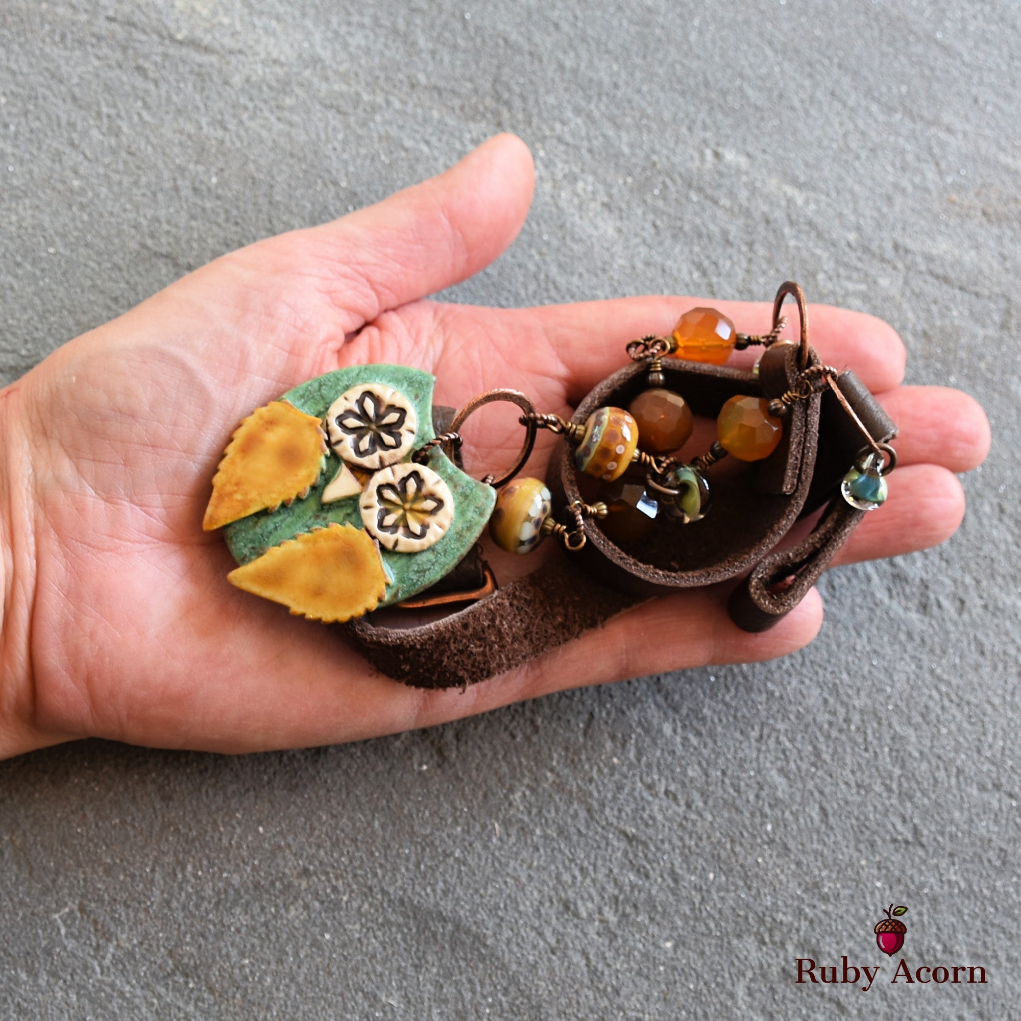 Starry Eyed Owl Handmade Beaded Necklace with Artisan Ceramic Sage Green Owl Focal, Artisan Lampwork Glass, Golden Honey Quartz