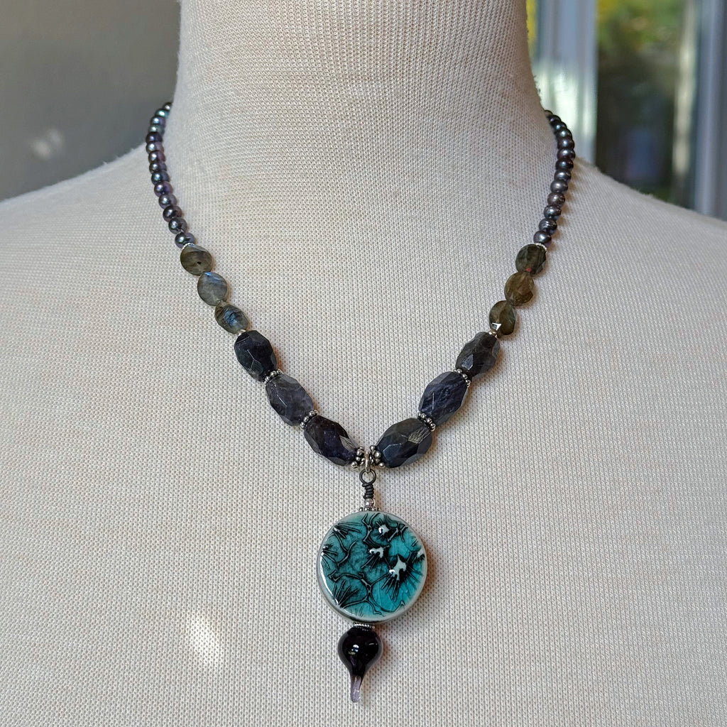 Stormy Night Necklace - Handmade Artisan Porcelain Iolite Sterling Silver