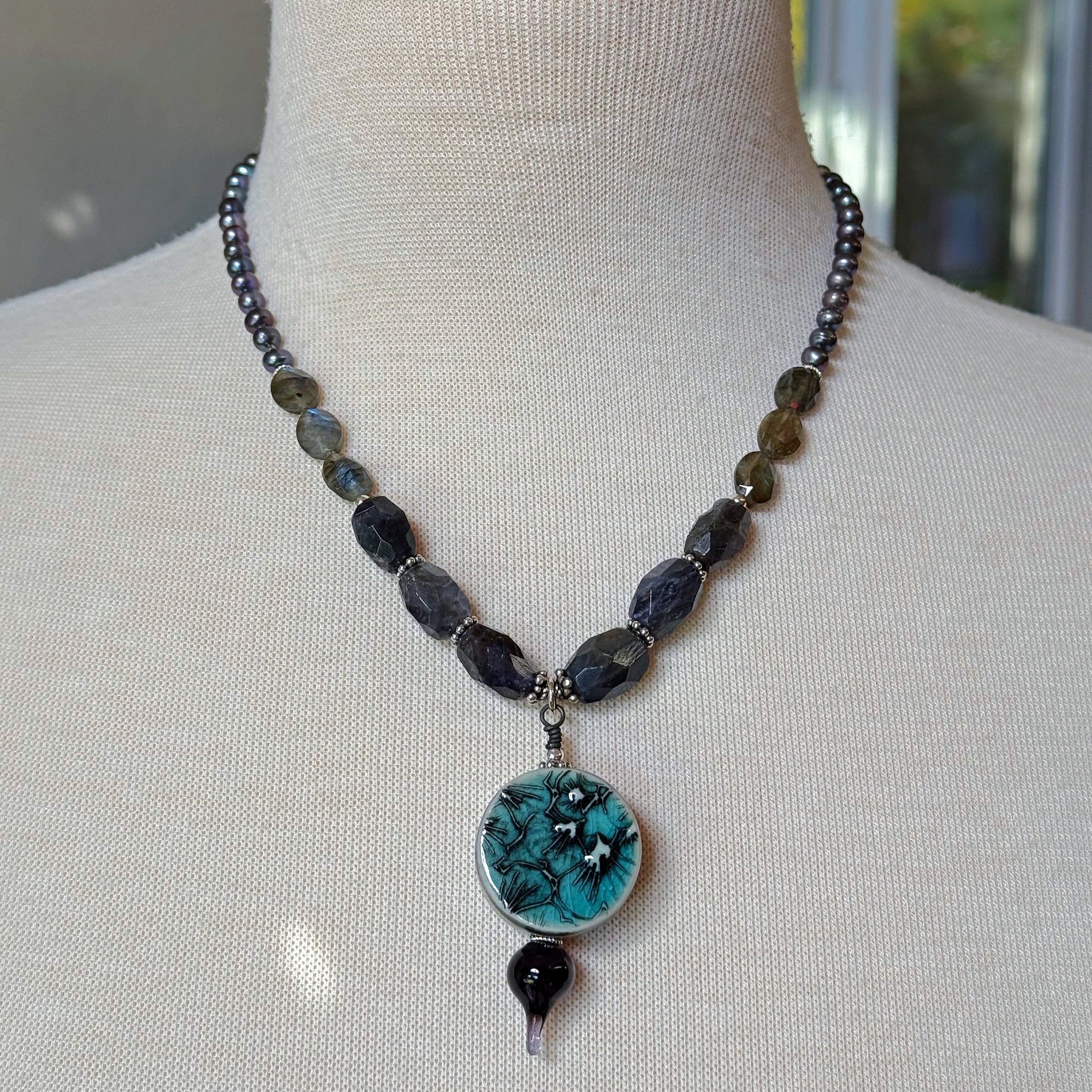 Stormy Night Necklace - Handmade Artisan Porcelain Iolite Sterling Silver