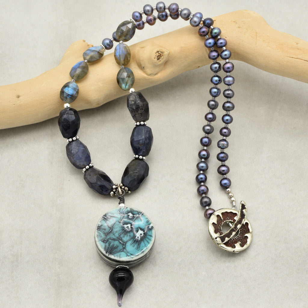 Stormy Night Necklace - Handmade Artisan Porcelain Iolite Sterling Silver
