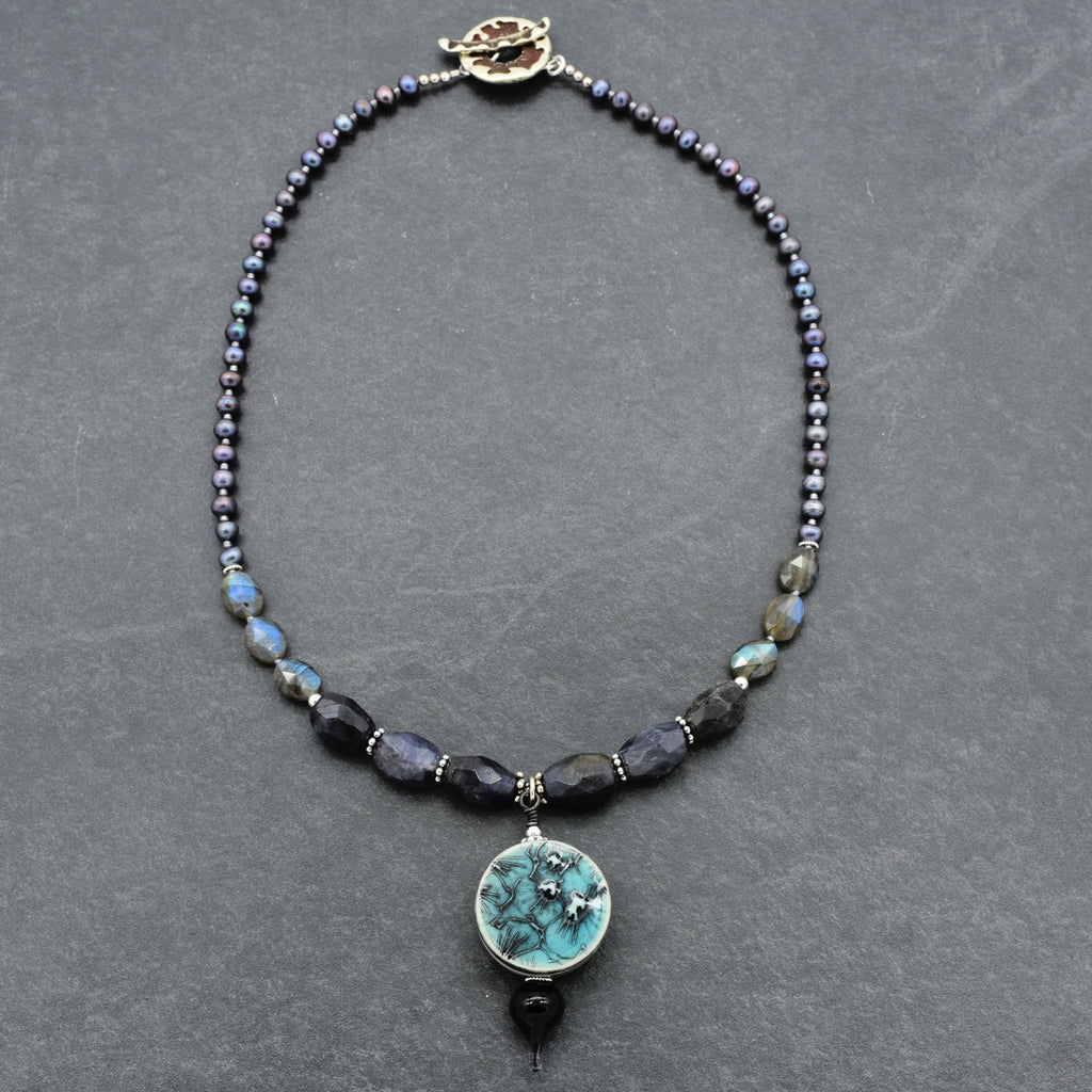 Stormy Night Necklace - Handmade Artisan Porcelain Iolite Sterling Silver