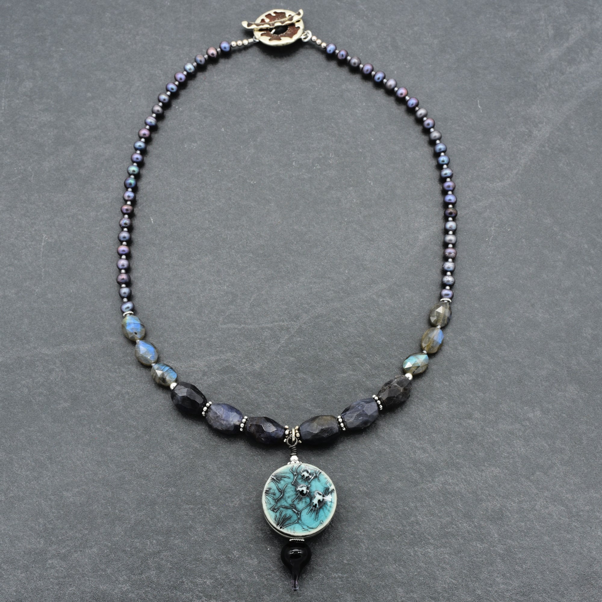 Stormy Night Necklace - Handmade Artisan Porcelain Iolite Sterling Silver