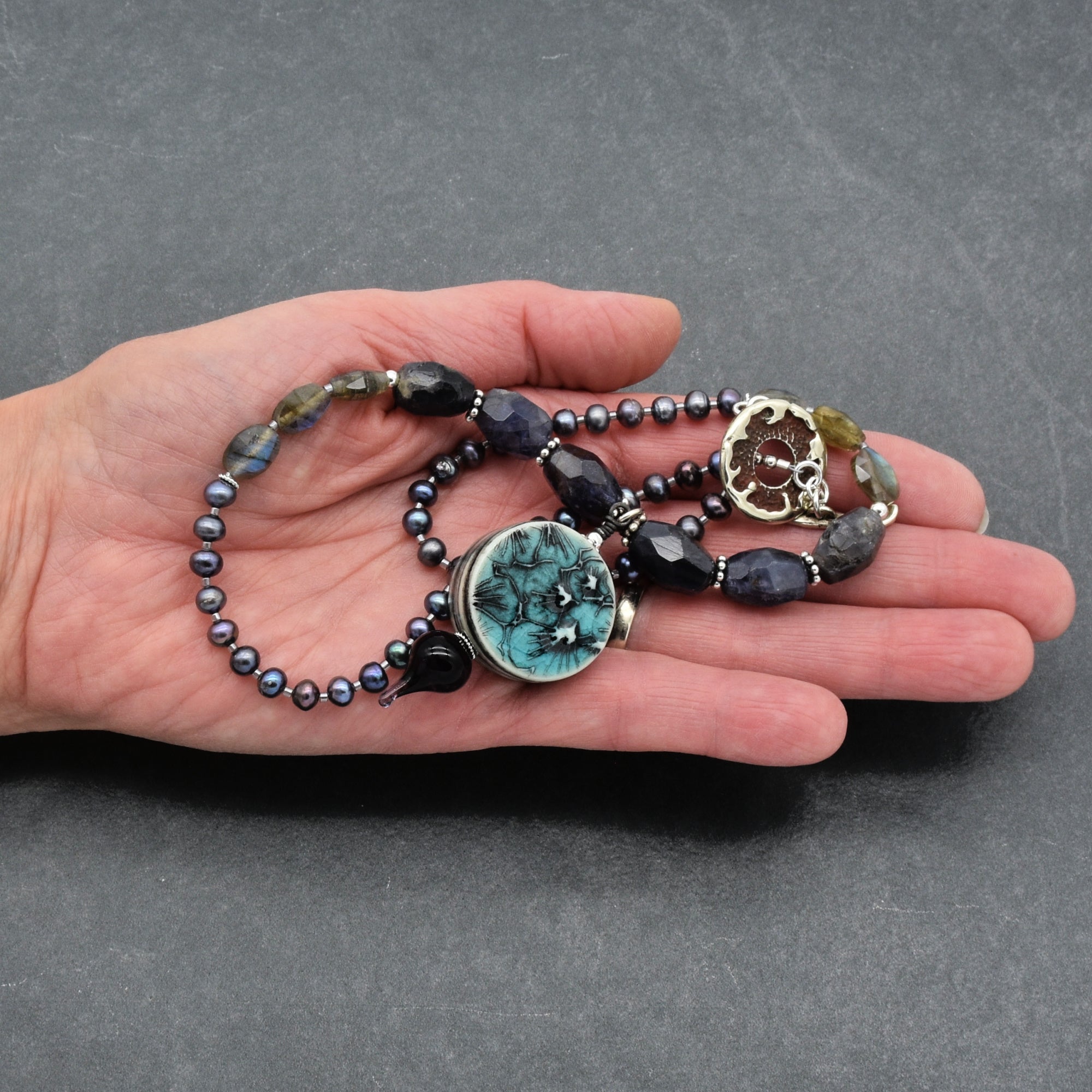 Stormy Night Necklace - Handmade Artisan Porcelain Iolite Sterling Silver