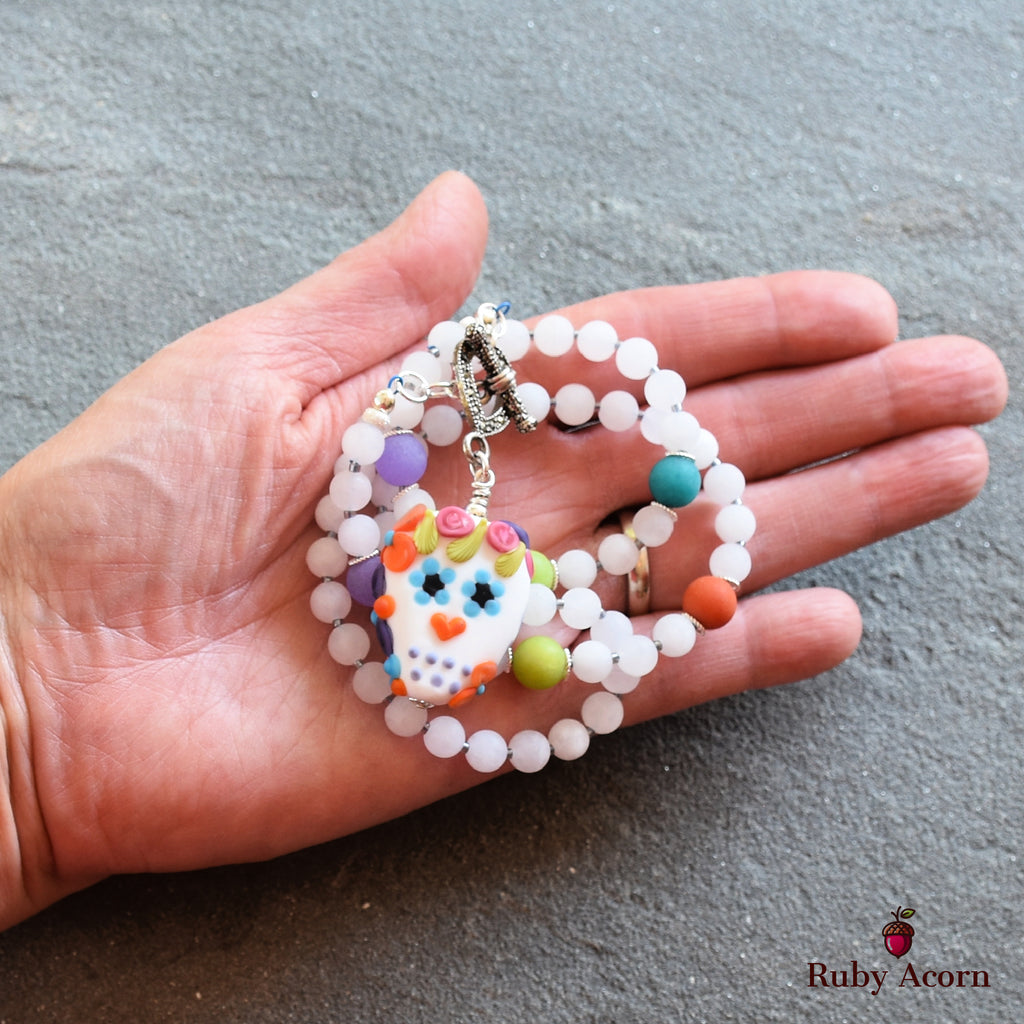 Day of the Dead Sugar Sugar Handmade Beaded Necklace with Artisan Lampwork Glass Sugar Skull Focal