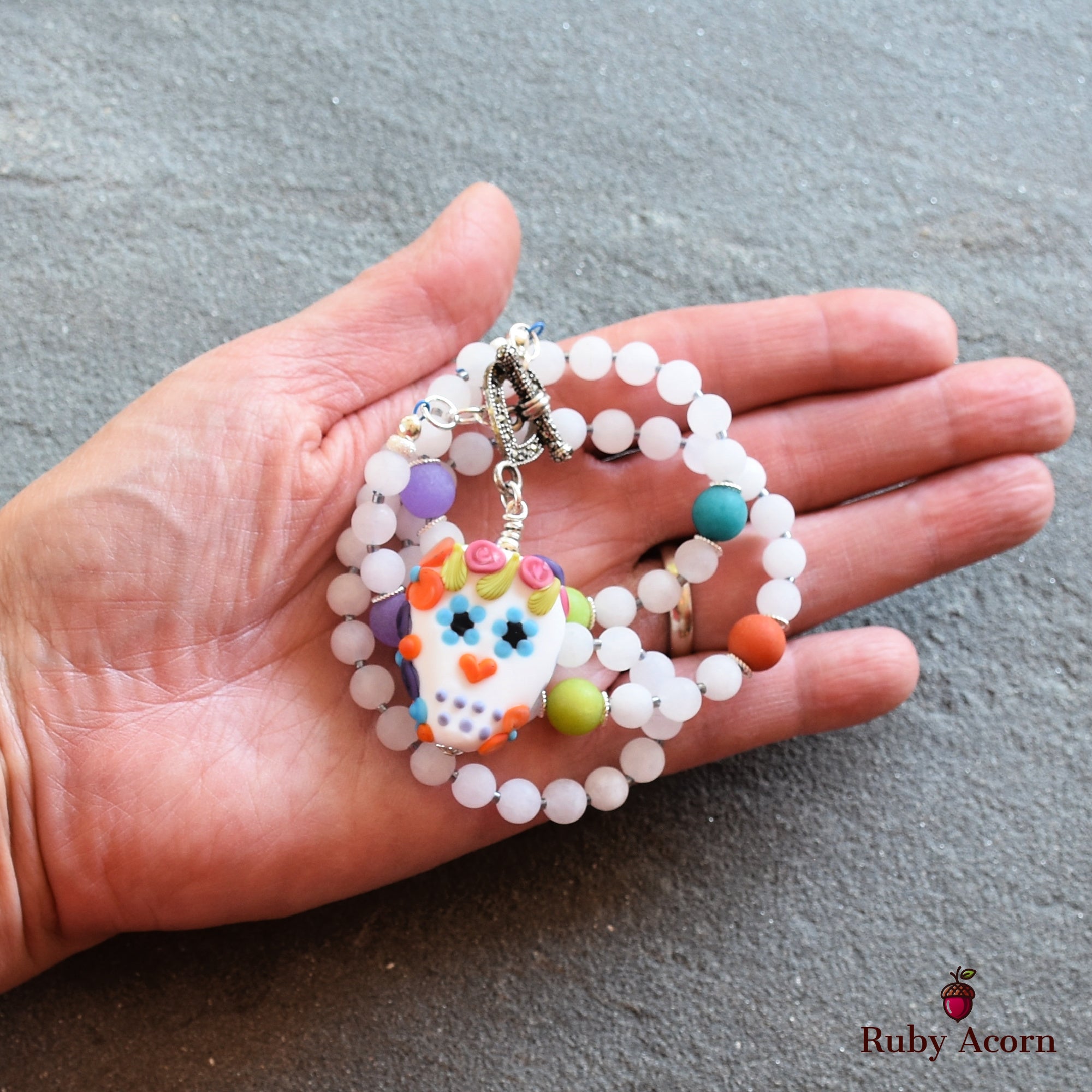Day of the Dead Sugar Sugar Handmade Beaded Necklace with Artisan Lampwork Glass Sugar Skull Focal