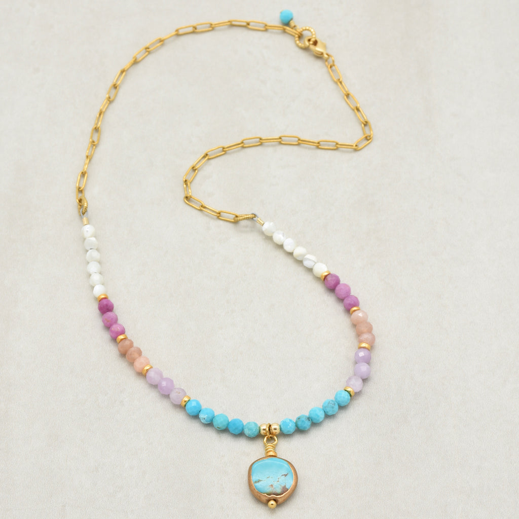 Multi gem gold chain choker necklace with genuine turquoise focal, kunzite, peach moonstone, and more on a light background - made with love by Ruby Acorn