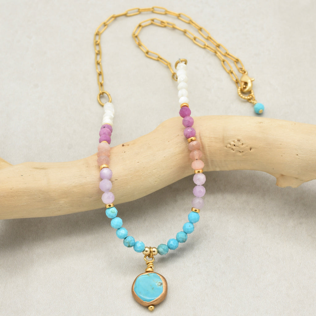 Multi gem gold chain choker necklace with genuine turquoise focal, kunzite, peach moonstone, and more on a branch - made with love by Ruby Acorn