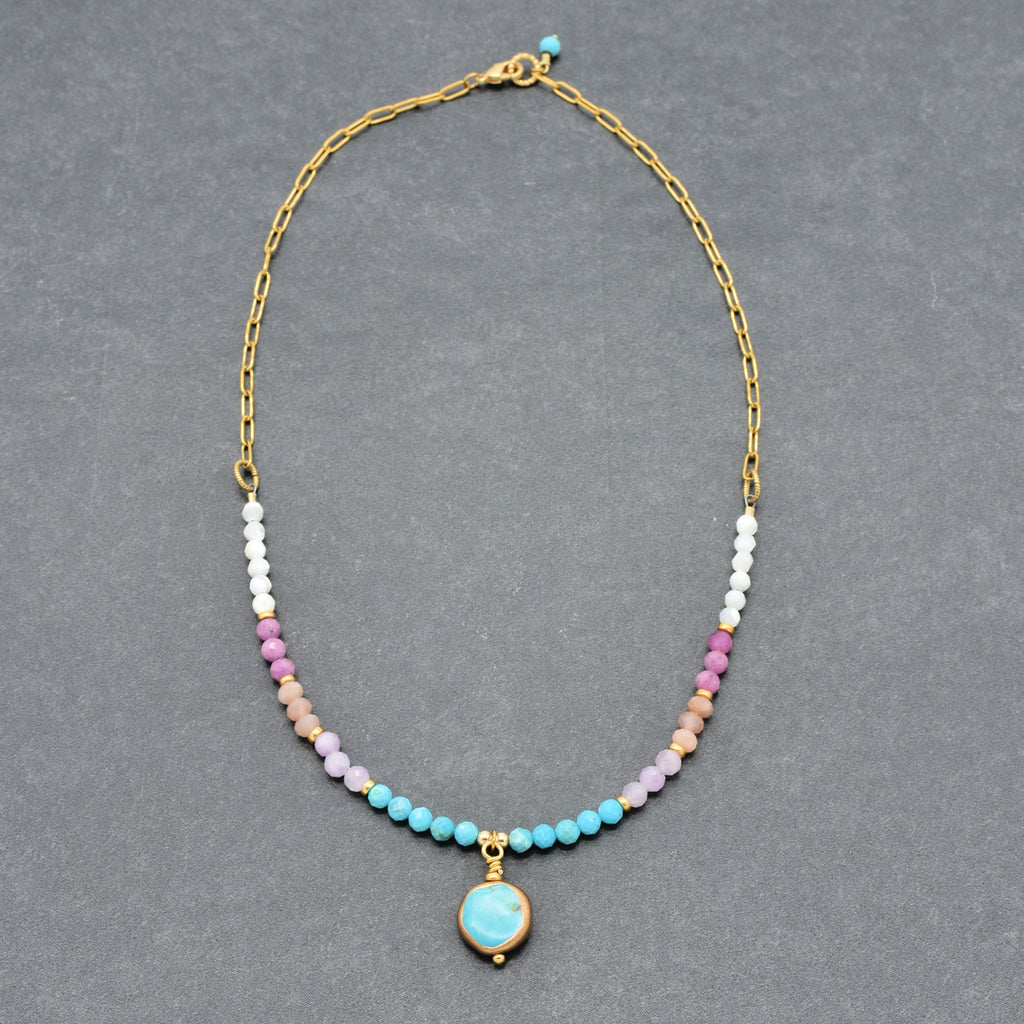 Multi gem gold chain choker necklace with genuine turquoise focal, kunzite, peach moonstone, and more on a gray background - made with love by Ruby Acorn