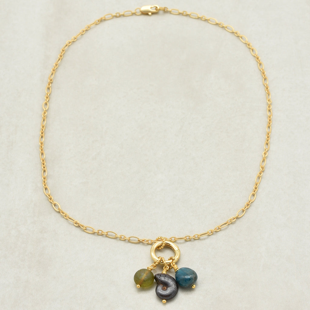 Tidal Pool Necklace - Ammonite, Apatite, Czech Glass and Gold Plated Chain | Handmade Jewelry | Ruby Acorn