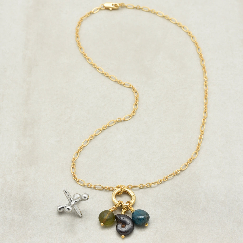 Tidal Pool Necklace - Ammonite, Apatite, Czech Glass and Gold Plated Chain | Handmade Jewelry | Ruby Acorn