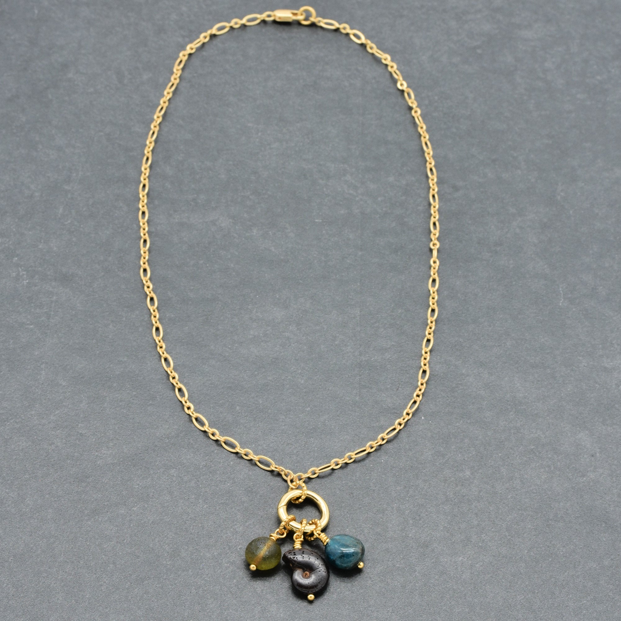 Gold chain charm necklace with ammonite fossil, apatite nugget, Czech glass pebble - one of a kind wearable art by Ruby Acorn