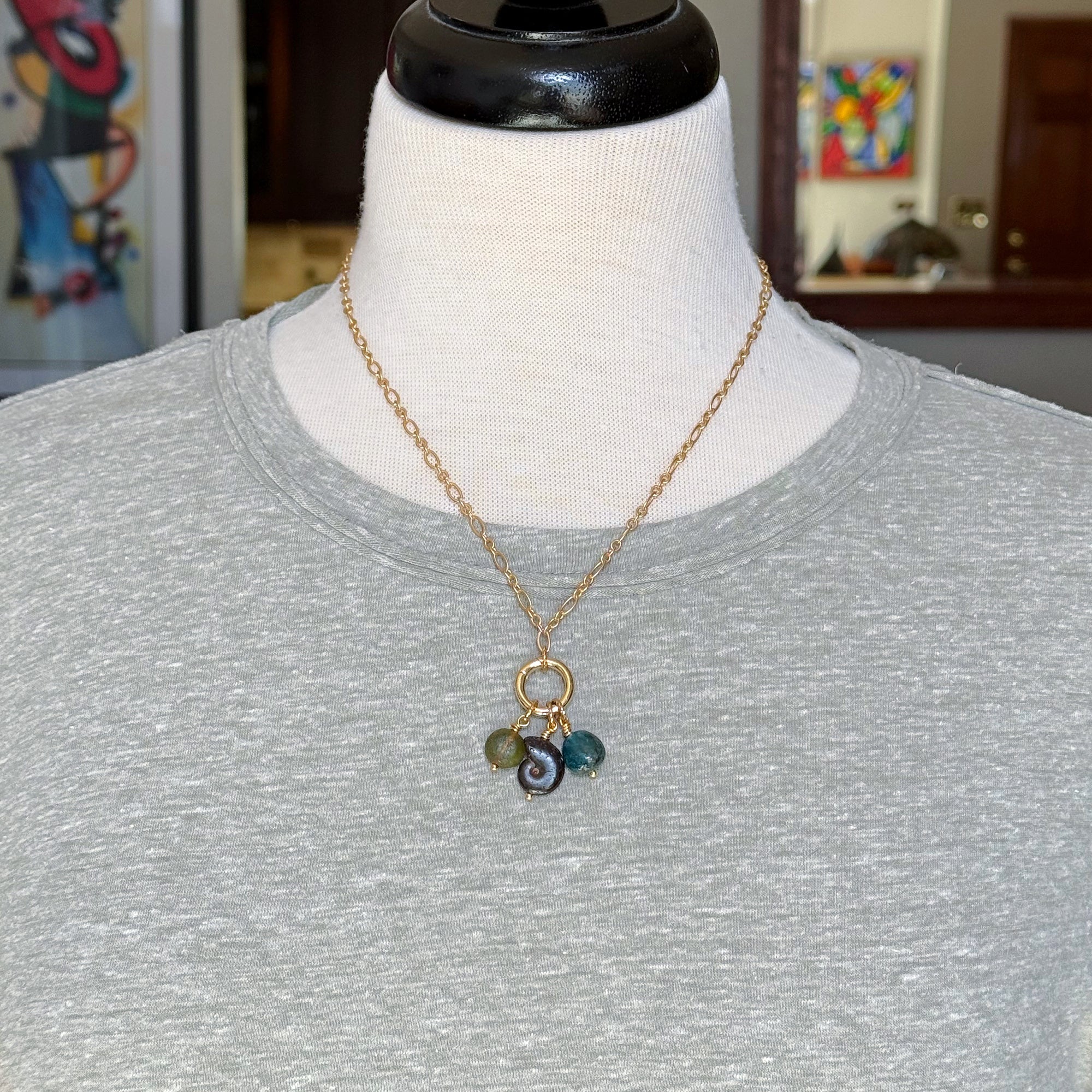 Tidal Pool Necklace - Ammonite, Apatite, Czech Glass and Gold Plated Chain | Handmade Jewelry | Ruby Acorn