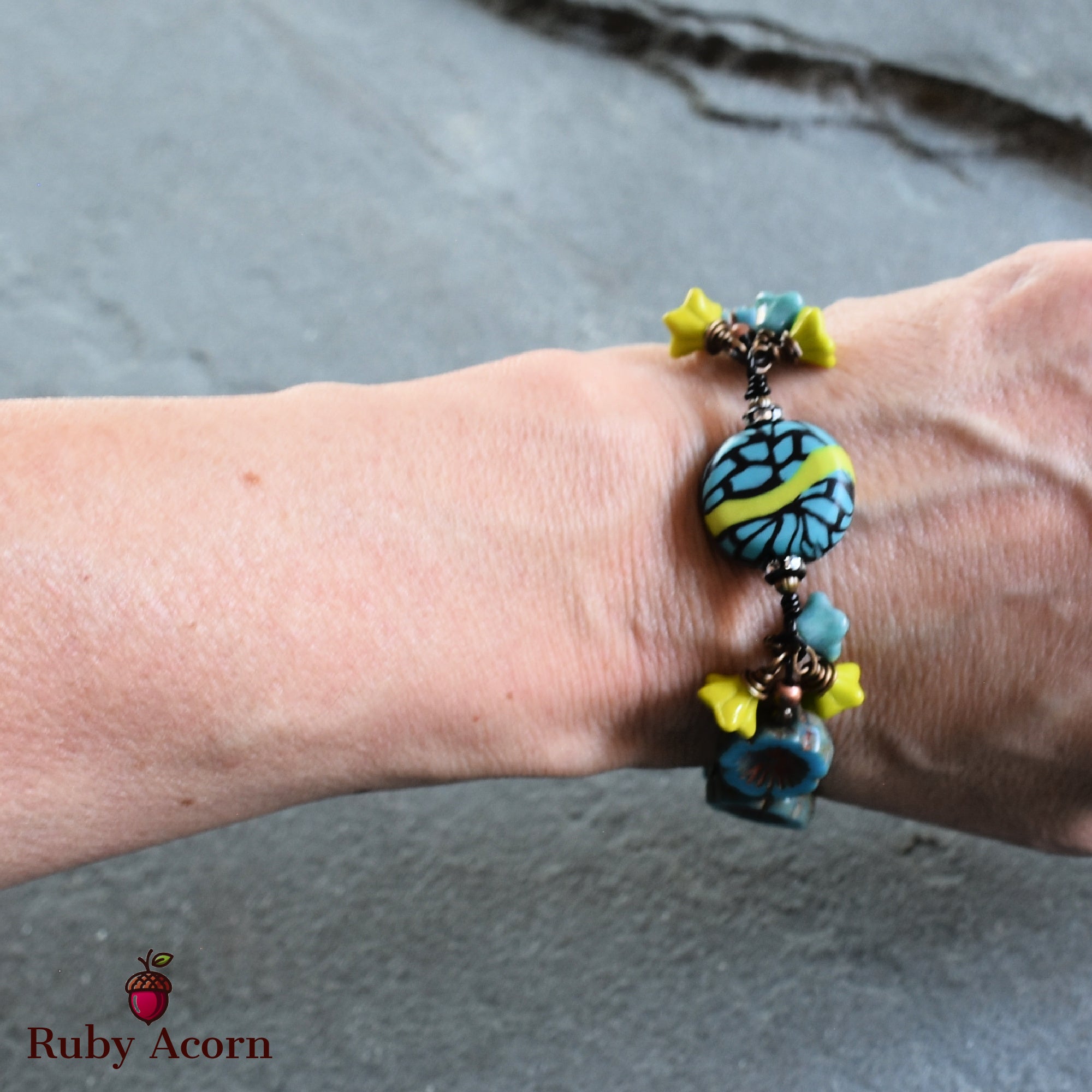 Tribal Turquoise Handmade Beaded Bracelet with Artisan Polymer Clay Lime Green and Turquoise Focal and Czech Glass Flowers