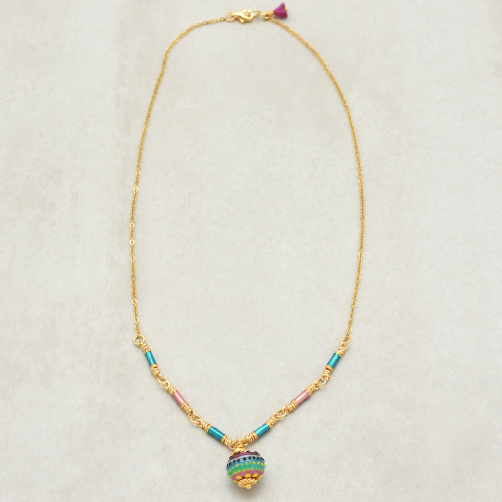 Tropical Breeze Necklace - Artisan Lampwork Glass, Enamel Tubes, 18K Gold Plated Chain | Handmade Jewelry | Ruby Acorn