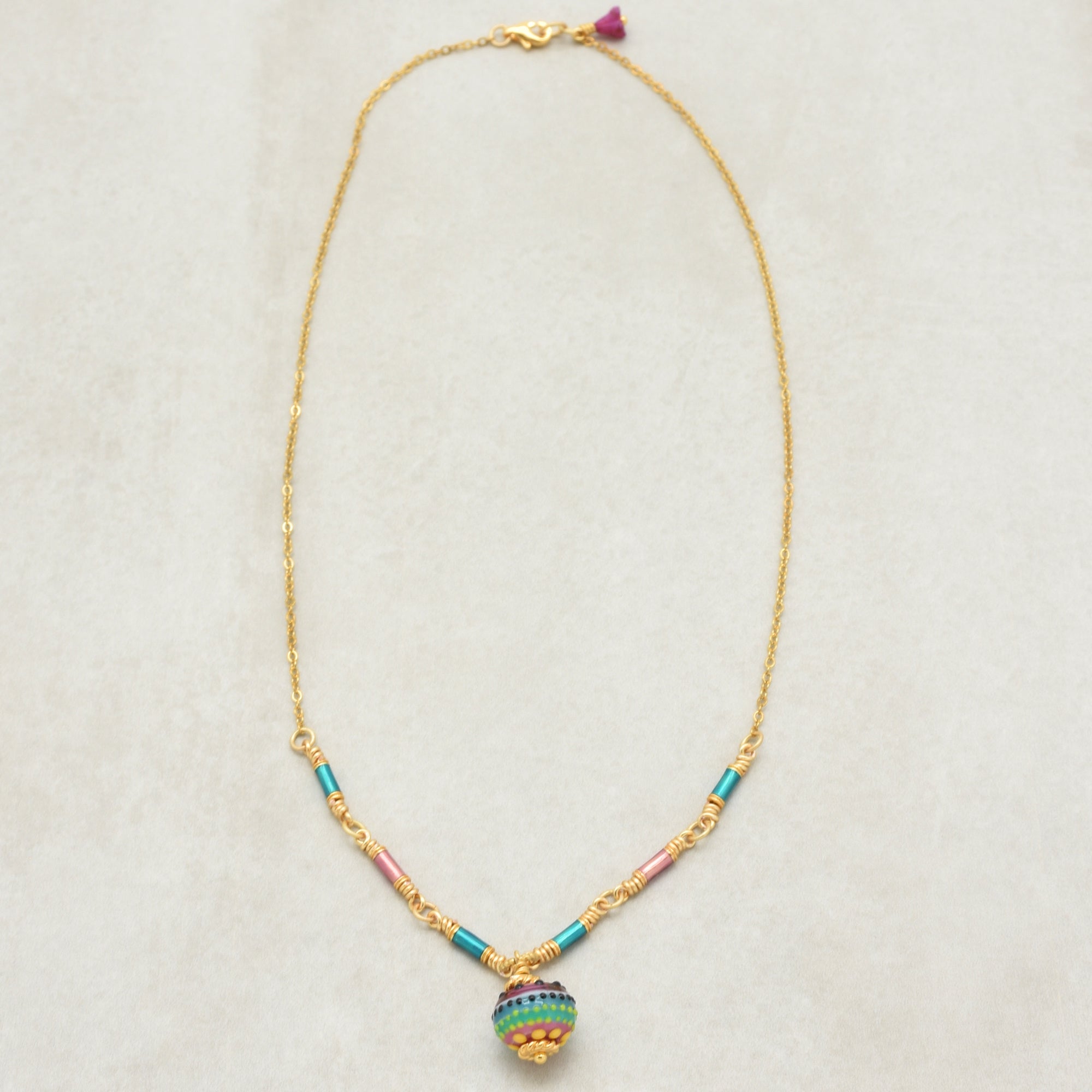 Tropical Breeze Necklace - Artisan Lampwork Glass, Enamel Tubes, 18K Gold Plated Chain | Handmade Jewelry | Ruby Acorn