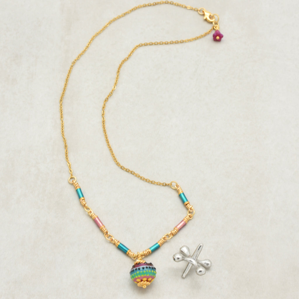 Tropical Breeze Necklace - Artisan Lampwork Glass, Enamel Tubes, 18K Gold Plated Chain | Handmade Jewelry | Ruby Acorn