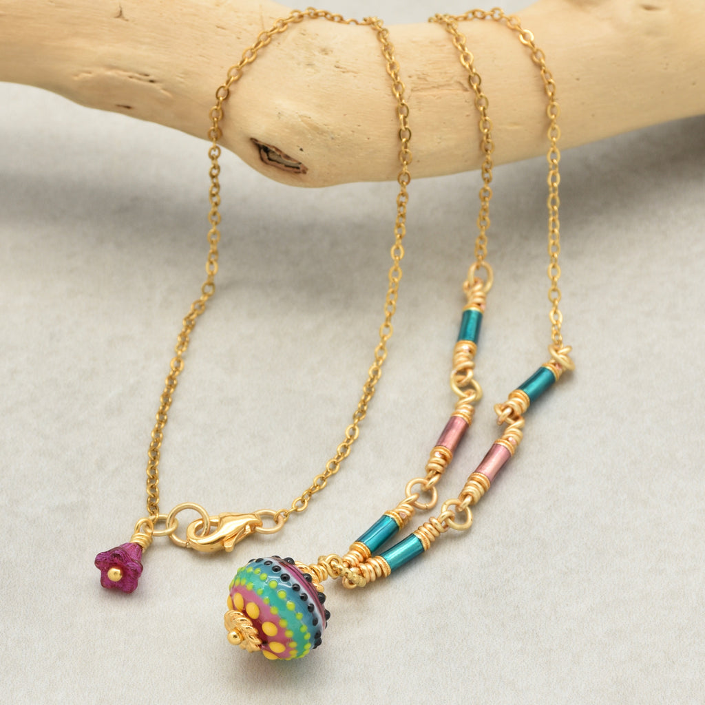 Tropical Breeze Necklace - Artisan Lampwork Glass, Enamel Tubes, 18K Gold Plated Chain | Handmade Jewelry | Ruby Acorn