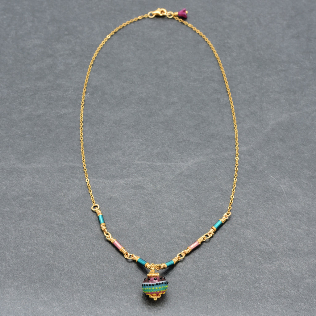 Tropical Breeze Necklace - Artisan Lampwork Glass, Enamel Tubes, 18K Gold Plated Chain | Handmade Jewelry | Ruby Acorn