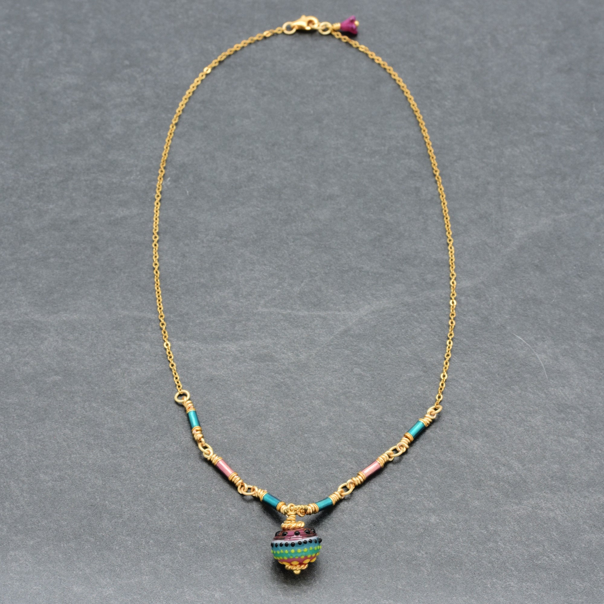 Tropical Breeze Necklace - Artisan Lampwork Glass, Enamel Tubes, 18K Gold Plated Chain | Handmade Jewelry | Ruby Acorn