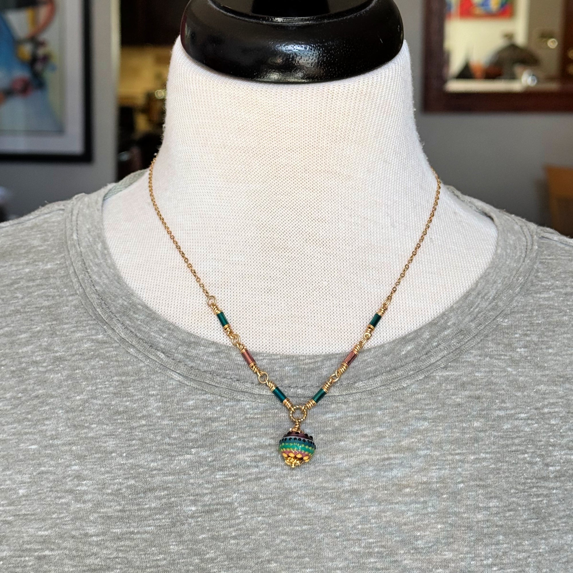 Tropical Breeze Necklace - Artisan Lampwork Glass, Enamel Tubes, 18K Gold Plated Chain | Handmade Jewelry | Ruby Acorn
